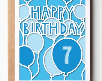 Blauwe ballonnen kaart SVG, Happy Birthday aangepaste leeftijdsnaam gelaagde papercut wenskaart, voor jongen meisje gepersonaliseerd gesneden bestand ontwerp Cricut