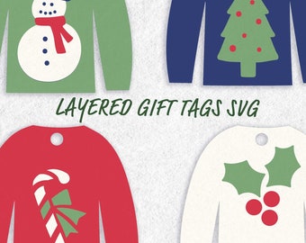 Cadeaukaartjes SVG, gelaagde kersttrui sneeuwpop snoep riet hulst winter opknoping tag ornament vakantie kerst gesneden bestand ontwerp