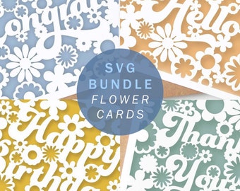 Paquete de tarjetas SVG retro con diseño de flores, hippie, boho, gracias, hola, cumpleaños, felicitaciones, tarjetas de felicitación SVG con recortes de papel, manualidades con papel, archivos de corte Cricut