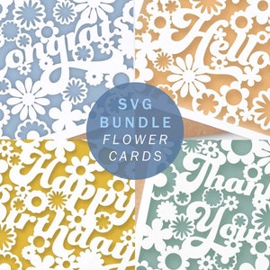 Bundle SVG Cards Retro Flower Power Hippie Boho, Grazie Ciao Compleanno Congratulazioni Papercut SVG Biglietto di auguri, Papercraft, Cricut Cut Files