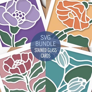 Lot de cartes SVG florales en couches vintage motif floral en vitrail, pour toutes les occasions, carte de voeux 3D Papercut SVG, SVG papercraft, Cricut