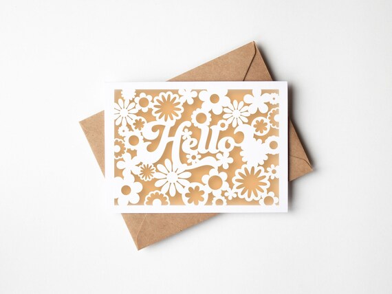 Hello Card SVG, Retro Flower Papercut Spring Greeting Card, Any Occasion Boho Cut File Design for Cricut Silhouette