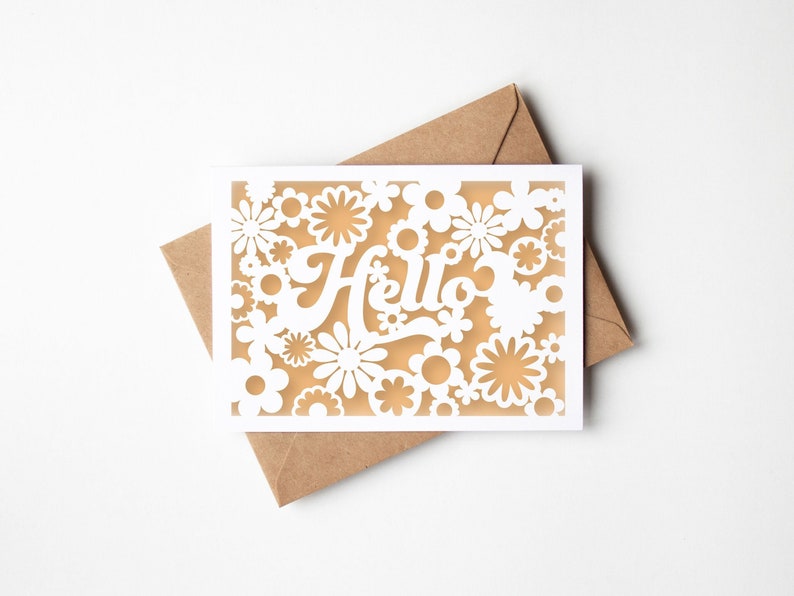 Hello Card SVG, Retro Flower Papercut Spring Greeting Card, Any Occasion Boho Cut File Design for Cricut Silhouette image 1