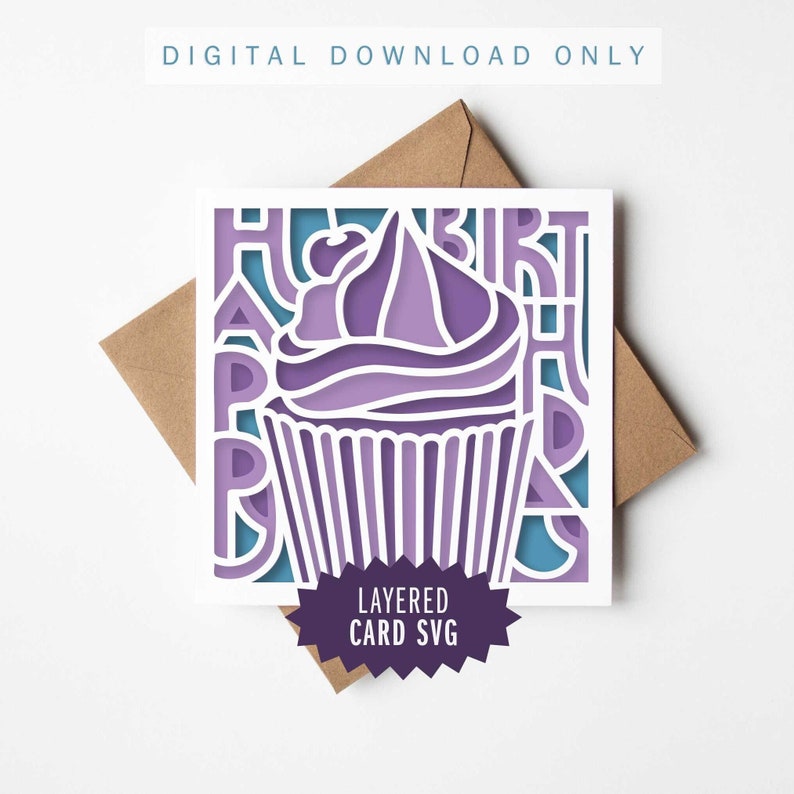 Pu&ograve; includere: Un design di carta SVG a strati con un cupcake viola con le parole "Buon compleanno" ritagliate intorno.