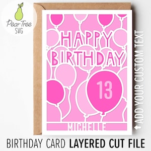 Pink Balloons Card SVG, Happy Birthday Custom Age Name Layered Papercut Greeting Card, for Girl Personalized Cut File Design Cricut
