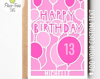 Roze ballonnen kaart SVG, Happy Birthday aangepaste leeftijd naam gelaagde papercut wenskaart, voor meisje gepersonaliseerd gesneden bestand ontwerp Cricut