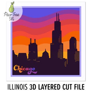 3D Chicago SVG, Layered Shadowbox Sunset 70s 80s Retro Vintage Style Papercut Chicago City Skyline Cut File Design for Cricut Silhouette