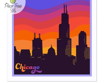 3D Chicago SVG, gelaagde Shadowbox zonsondergang 70s 80s Retro Vintage stijl Papercut Chicago City Skyline Cut File Design voor Cricut Silhouette