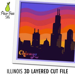 3D Chicago SVG, gelaagde Shadowbox zonsondergang 70s 80s Retro Vintage stijl Papercut Chicago City Skyline Cut File Design voor Cricut Silhouette
