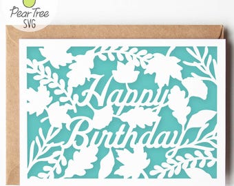 Verjaardag SVG-kaart verlaat Happy Birthday gesneden bestand ontwerp, lente of herfst verjaardag 3D Papercut SVG-wenskaart, Papercraft SVG, Cricut
