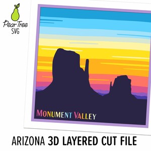 Monument Valley SVG 3D, parc national en couches Shadowbox coucher de soleil des années 70, 80, papier découpé rétro sud-ouest de l'Arizona fichier coupe conception Cricut Silhouette