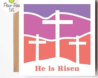 SVG-paaskaart, hij is verrezen gesneden bestand, kruist zonsondergang gelaagd karton project gesneden bestand ontwerp Cricut, christelijke SVG