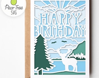 Birthday Card SVG For Him, Layered Outdoors Mountain Landscape Papercut for Father Husband Cut File Cardstock Project for Cutting Machine