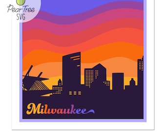 3D Milwaukee SVG, gelaagde Shadowbox zonsondergang 70s 80s retro vintage stijl papercut Wisconsin City skyline gesneden bestand ontwerp voor Cricut Silhouette