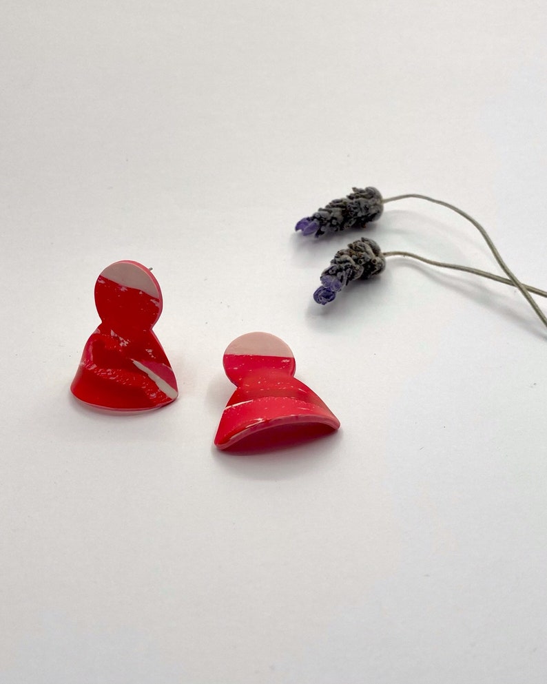 Minimal Polymer Clay Statement Earrings with Surgical Post Modern Handmade Earrings for Women in Red /& White