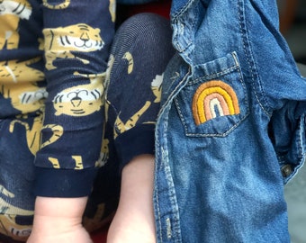 Kids Upcycled one of a kind 3-6 month Baby button up denim shirt, Hand Embroidered with a sweet Unisex Rainbow