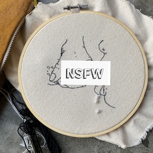 Adult content, fellatio, blow job, line drawing finished embroidery with pearl bead accents in a 7 inch hoop, nsfw, sex positive