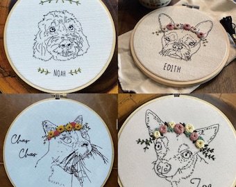 Custom pet portraits embroidery in a 6 inch hoop with flower crown or embellishment. Memorial piece.