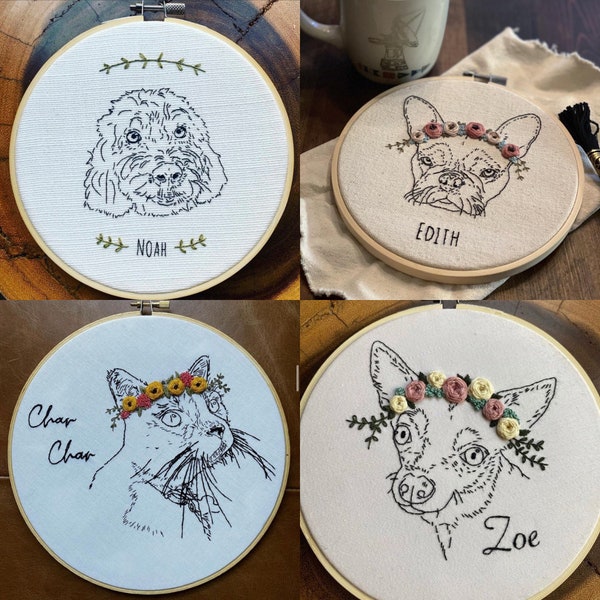 Custom pet portraits embroidery in a 6 inch hoop with flower crown or embellishment. Memorial piece.