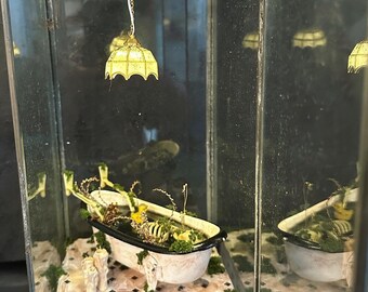 May include: A miniature bathtub with a skeleton inside, surrounded by greenery, sits on a tiled base. A small yellow lamp hangs from the ceiling of a glass display case.