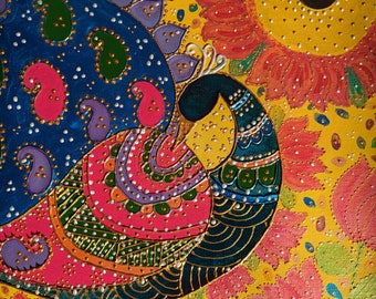 May include: A colorful painting of a peacock with its tail feathers spread out. The peacock is surrounded by flowers and leaves, and the background is a bright yellow. The painting is done in a folk art style, with bold colors and simple lines.