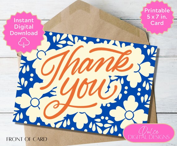 Thank You Printable Greeting Card 5x7 Blue Tile Thank You - Etsy
