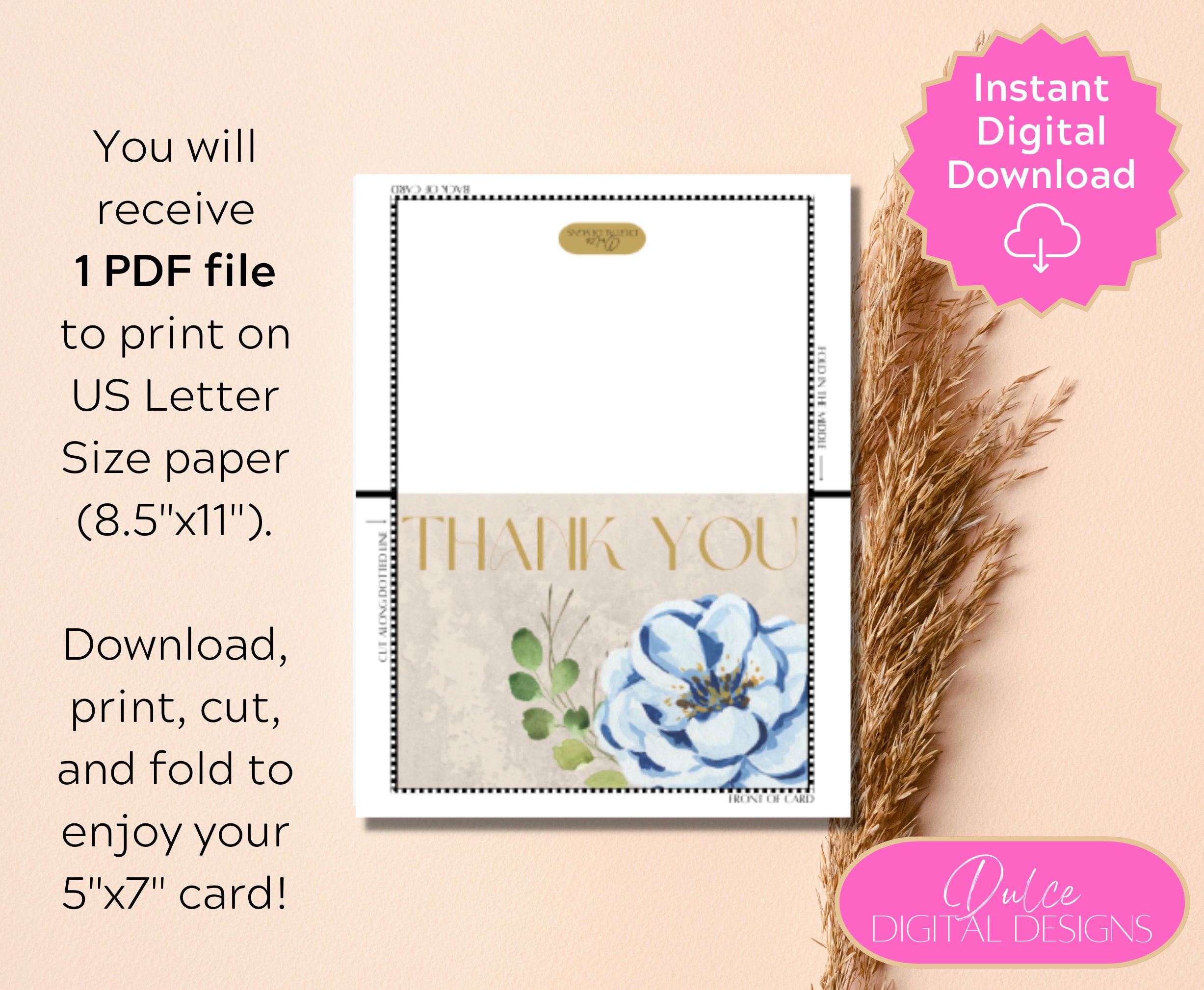 Thank You Printable Greeting Card 5x7 Blue Rose Thank You - Etsy