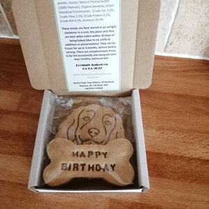 Personalised Dog treat. Organic Banana and natural peanut butter dog cookies with your own message. Vegan & gluten free image 1