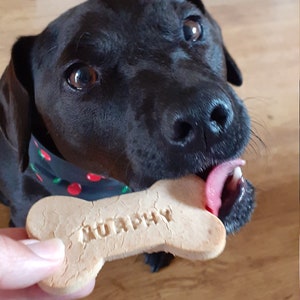 Personalised Dog treat. Organic Banana and natural peanut butter dog cookies with your own message. Vegan & gluten free image 4