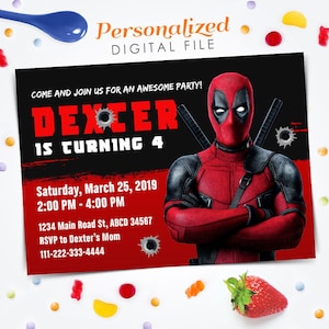 Deadpool Invitation,  Deadpool Birthday Invitation,  Deadpool Invite, Superhero Invitation, 5x7 Digital file invite