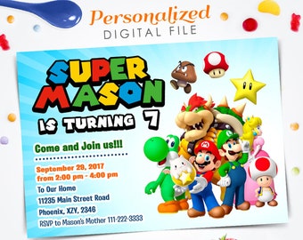 Super Mario uitnodiging, verjaardagsuitnodiging van Super Mario, Super Mario Invite, 5 x 7 digitale bestand uitnodigen