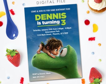 May include: A blue and green birthday invitation featuring a cartoon dinosaur and a boy. The invitation says "Dennis is turning 3" and includes the date, time, and location of the party. It also includes an RSVP phone number.