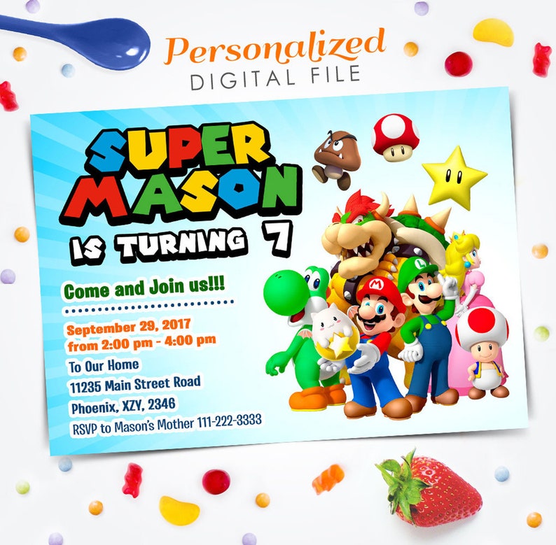 May include: A digital invitation with the text "Super Mason is Turning 7" and cartoon characters. The invitation includes event details such as date, time, and location. The design is colourful with a blue background.