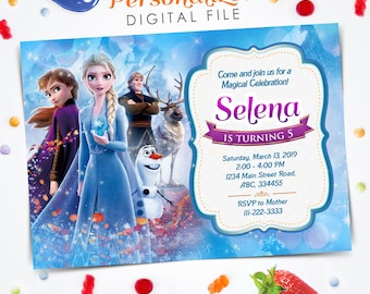 May include: A blue and white Frozen themed birthday invitation with a picture of Elsa, Anna, Olaf, and Sven. The invitation says "Selena is turning 5" and includes the date, time, and location of the party. RSVP information is also included.