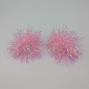 Pink Holographic Tinsel Pom Pom Hair Clips
