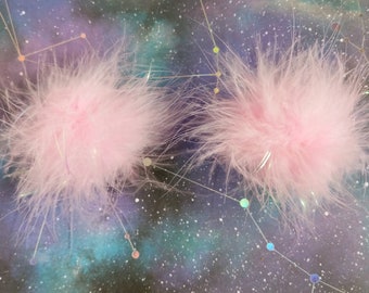 Baby Pink Fuzzy Marabou Pom Pom Hair Clips