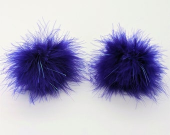 Purple With Iridescent Tinsel Fuzzy Marabou Pom Pom Hair Clips