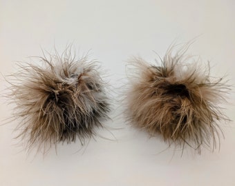 Toasted Marshmallow Brown White & Black Mix Fuzzy Marabou Pom Pom Hair Clips