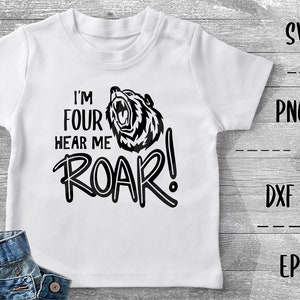 May include: White t-shirt with a black bear graphic and the text "I'm Four Hear Me Roar!"