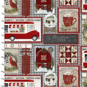 May include: A red and white Christmas themed fabric with a black and white gingham background. The fabric features various images including a red truck, a red barn, a snow globe, a sled, a mug of hot cocoa, and a sign that says "Christmas Cheer".