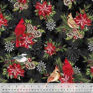 Holiday Greetings Black Winter Songbirds Fabric by Jean Ploud Windham Fabrics 53603 3 **This is a 2 yard cut**