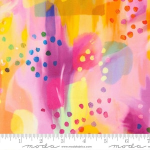 May include: Abstract watercolor fabric with a pink, yellow, and blue background. The fabric is covered in small, colorful dots.