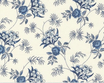 Amelias Blues Ivory Floral Fabric by Betsy Chutchian for Moda, 31652 11, **This is for a 54" Cut Piece = (1.5 Yards) **