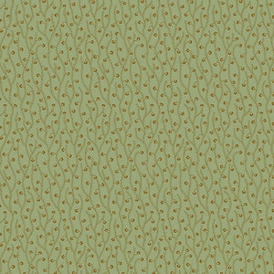 May include: A seamless pattern featuring a light green background with a repeating design of thin, brown stems. Each stem is adorned with small, brown flower-like shapes, creating a delicate, nature-inspired aesthetic. The overall effect is a textured, botanical print.