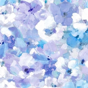 May include: Abstract floral pattern in shades of blue, white, and lavender. The design features brushstrokes creating a textured, painterly effect. The artwork evokes a sense of spring with its soft color palette and delicate floral forms.
