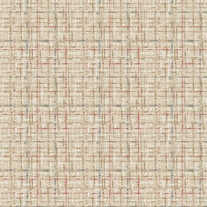 May include: A beige fabric with a plaid pattern. The plaid design features thin lines of red, blue, and brown, creating a textured appearance. The fabric has a woven look, suitable for upholstery or home decor.