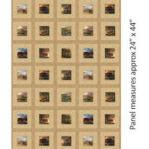 May include: A beige fabric panel with a repeating pattern of 48 framed images. Each frame contains a different country scene with a sunset, a farmhouse, or a forest. The panel measures approximately 24 inches by 44 inches.