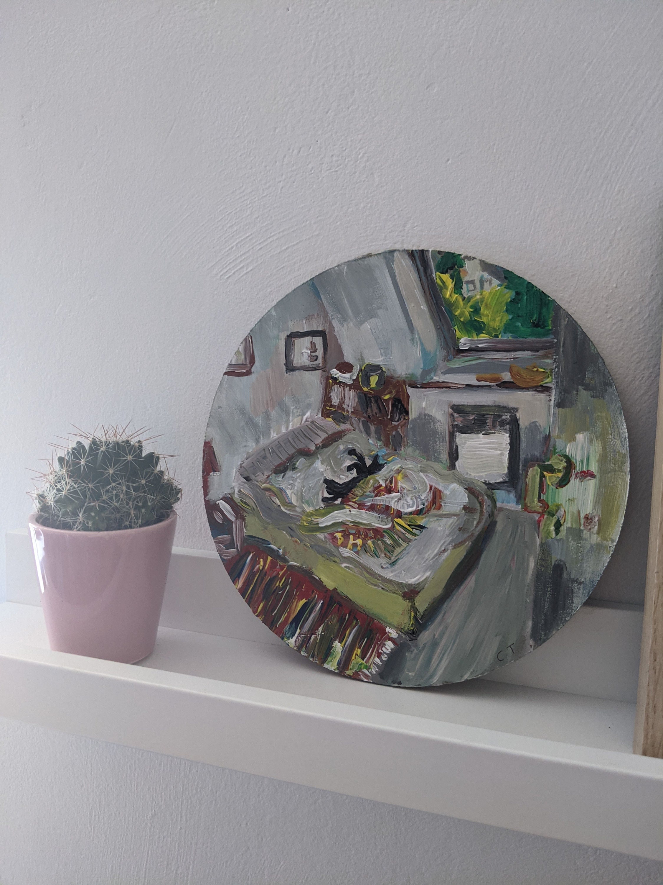 Peinture Ronde sur Bois d'une Chambre avec Un Chat