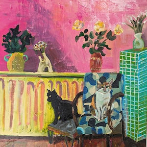 Tableau de discussions dans un salon | Peinture acrylique et huile sur toile | Art vibrant et rose 61 x 50 cm