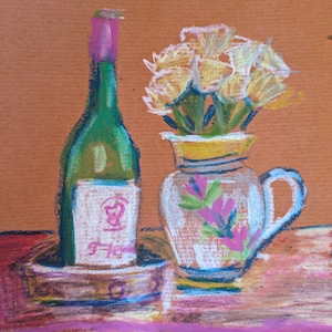 Croquis de bouteille de vin et fleurs / Pastel coloré sur papier / Nature morte 25x20 cm